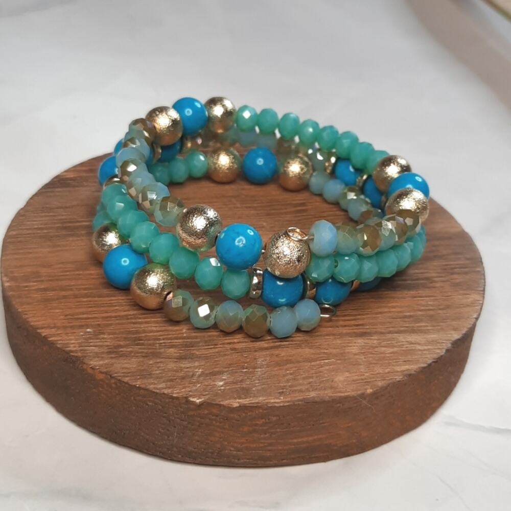 Blue & Gold Beaded Coil Cuff Bracelet